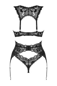 Nocna komplet biustonosz + stringi + pas do pończoch Obsessive Donna Dream 3-pcs set czarny