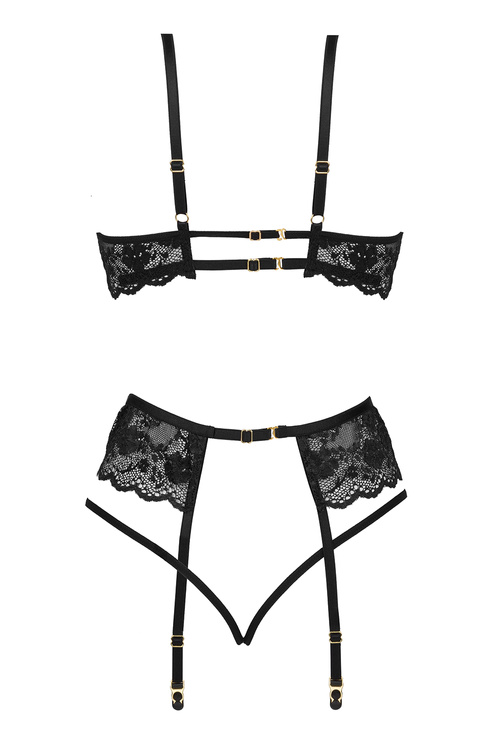 Komplet biustonosz + stringi + pas do pończoch Beauty Night Rose set BN6721 black