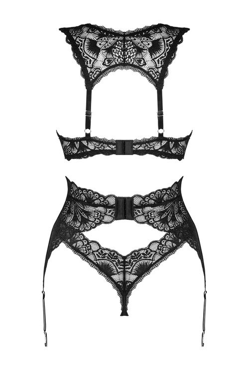 Nocna komplet biustonosz + stringi + pas do pończoch Obsessive Donna Dream 3-pcs set czarny
