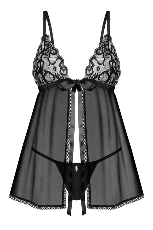 Komplet koszulka + stringi Obsessive Blomentis babydoll and thong czarny