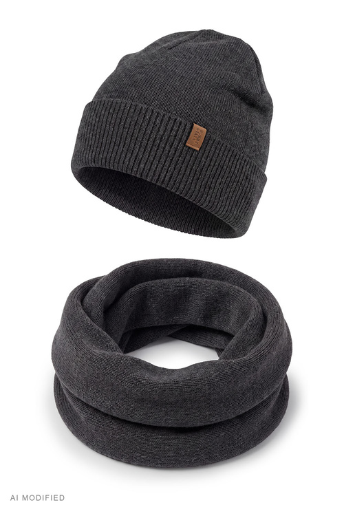 Vivisence M7013 KMPL komplet czapka i komin z wełny merino, grafitowy
