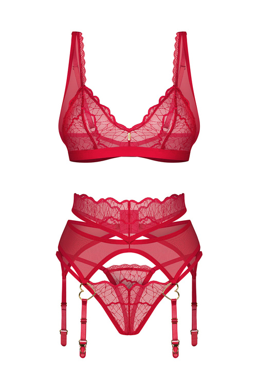 Komplet biustonosz + stringi + pas do pończoch Obsessive Cupide Desir 3-pcs set red