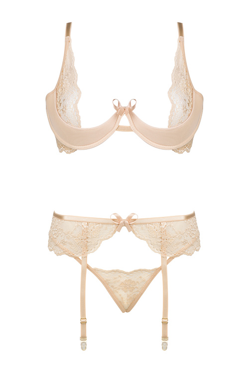 Komplet biustonosz + stringi + pas do pończoch Beauty Night Rose set BN6725 nude