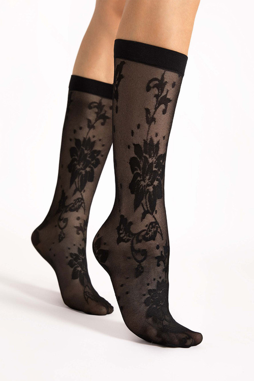 Fiore Shari G1204 skarpetki 30 DEN z kwiatowym wzorem, black
