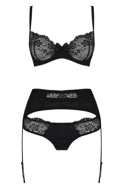 Nocna komplet biustonosz + figi + pas do pończoch Avanua Aya set black