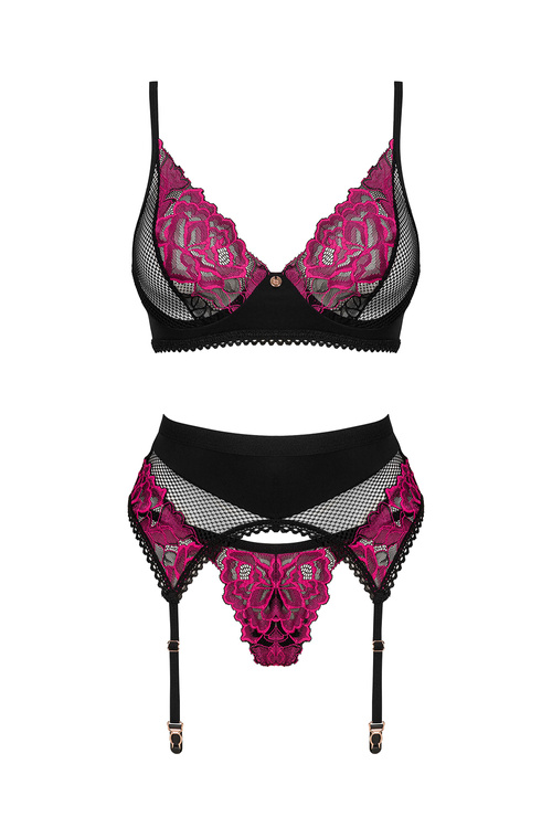 Nocna komplet biustonosz + stringi + pas do pończoch Obsessive Rosenty 3-pcs set czarny 
