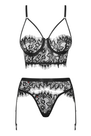 Obsessive Lashy set Nocna komplet biustonosz + stringi + pas do pończoch, czarny