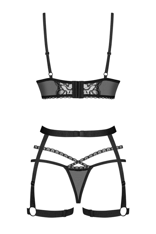 Komplet biustonosz + stringi + pas do pończoch Obsessive Blomentis 3-pcs set czarny