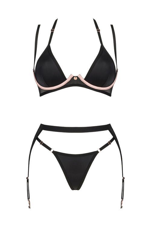 Nocna komplet biustonosz + stringi + pas do pończoch Obsessive Selinne 3-pcs set czarny