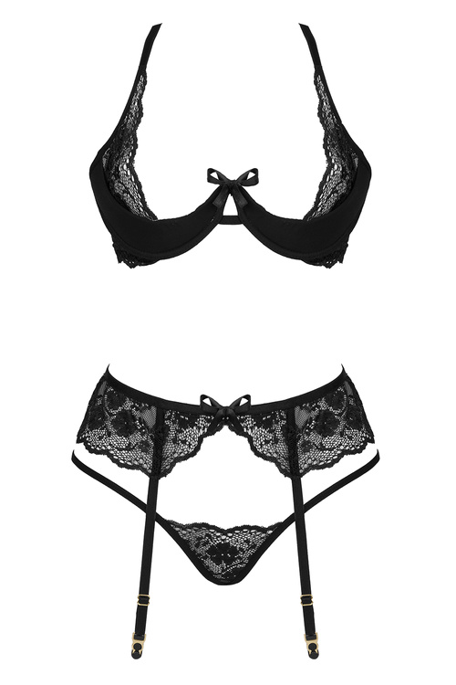 Komplet biustonosz + stringi + pas do pończoch Beauty Night Rose set BN6721 black