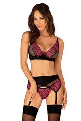 Nocna komplet biustonosz + stringi + pas do pończoch Obsessive Rosenty 3-pcs set czarny