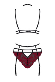 Obsessive Sugestina 3-pcs set Nocna komplet biustonosz + figi + pas do pończoch, bordowy