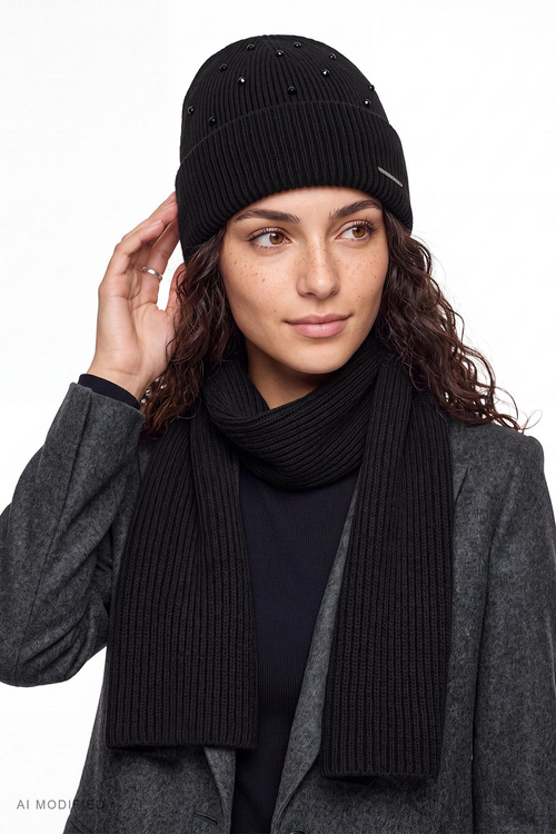 Vivisence 70133 czapka prążkowana z wełną merino i kaszmirem, czarny