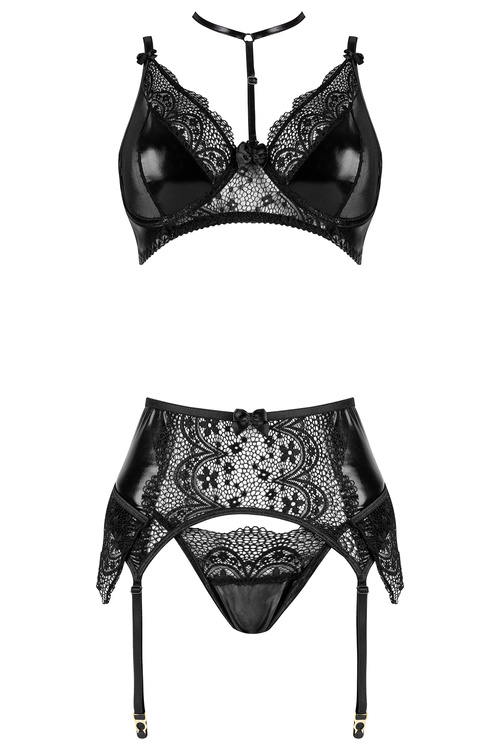 Komplet biustonosz + stringi + pas do pończoch Beauty Night Noir Fantasy set BN6748 black