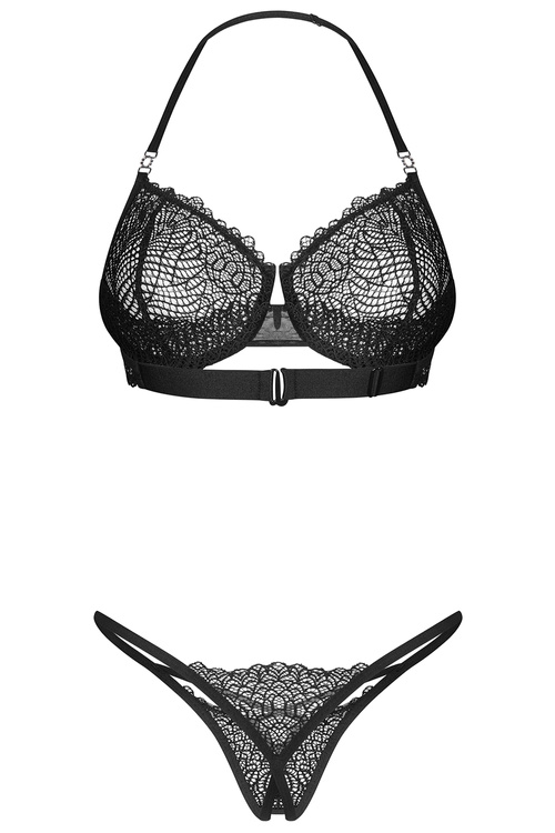 Komplet biustonosz + stringi Obsessive Iliosa 2-pcs crotchless set czarny