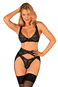 Nocna komplet biustonosz + stringi + pas do pończoch Obsessive Donna Dream 3-pcs set czarny