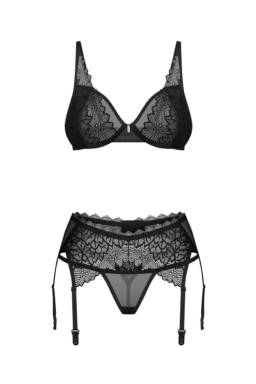 Komplet biustonosz + stringi + pas do pończoch Obsessive Deina More 3-pcs set black