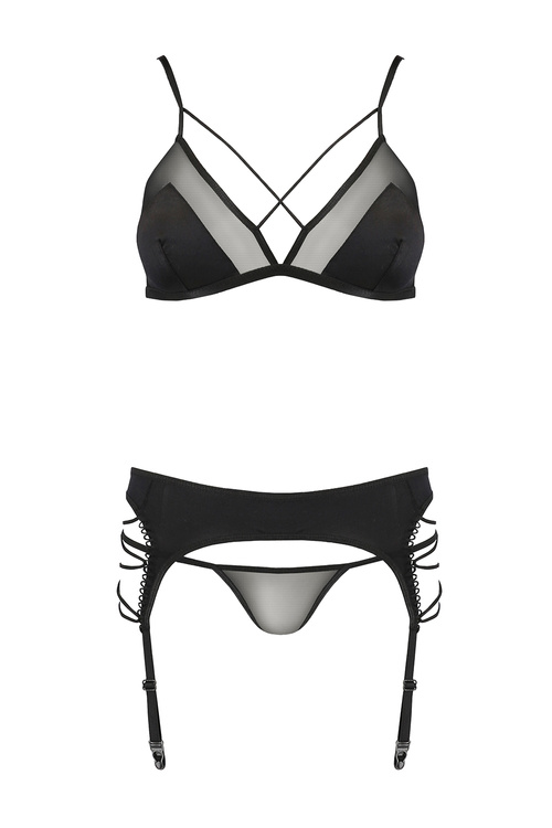 Nocna komplet biustonosz + stringi + pas do pończoch Avanua Quella set black 