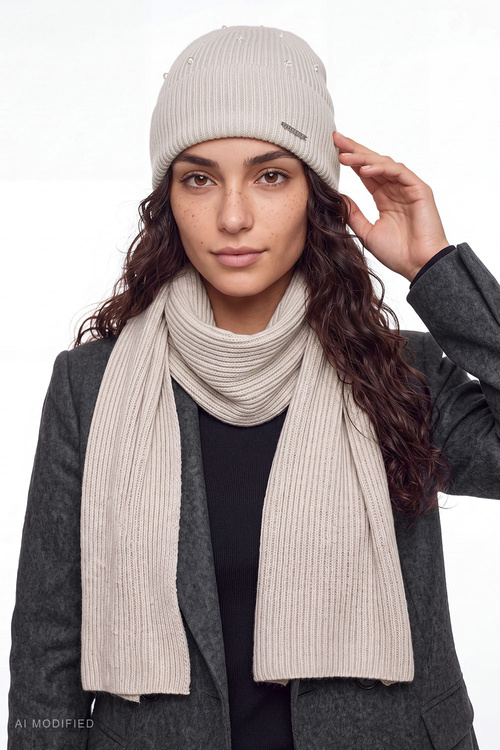 Vivisence 70133 KMPL komplet czapka i szalik wełna merino, beżowy
