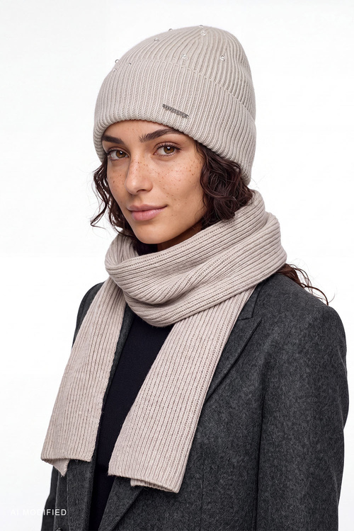 Vivisence 70133 KMPL komplet czapka i szalik wełna merino, beżowy
