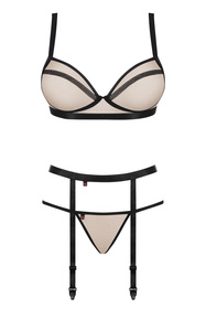 Obsessive Nudelia Noir 3-pcs set Nocna komplet biustonosz + stringi + pas do pończoch, beżowy