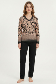Vivisence 2061 piżama w panterkę z koronką czarno-beżowy