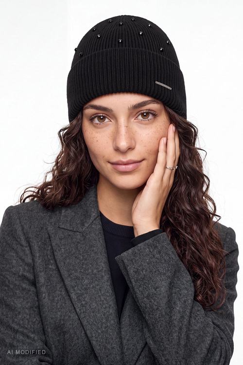Vivisence 70133 czapka prążkowana z wełną merino i kaszmirem, czarny