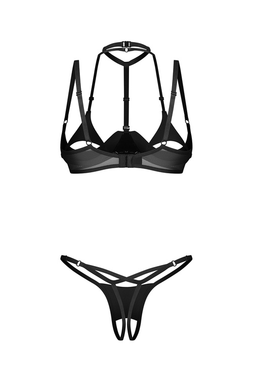 Obsessive Rolleya 2-pcs crotchless set Nocna komplet biustonosz + stringi, black