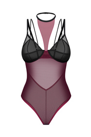 Obsessive Parisel teddy body z chokerem i wysokim wycięciem, bordo-czarny