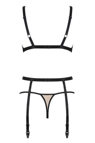 Obsessive Nudelia Noir 3-pcs set Nocna komplet biustonosz + stringi + pas do pończoch, beżowy
