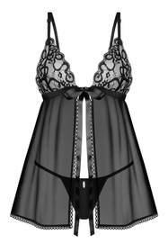 Komplet koszulka + stringi Obsessive Blomentis babydoll and thong czarny