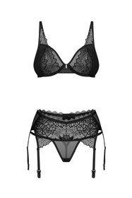 Komplet biustonosz + stringi + pas do pończoch Obsessive Deina More 3-pcs set black