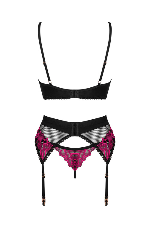 Nocna komplet biustonosz + stringi + pas do pończoch Obsessive Rosenty 3-pcs set czarny 