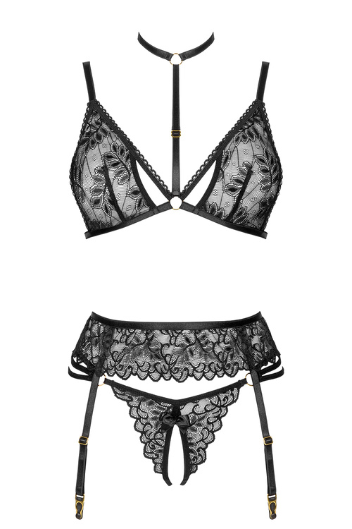 Komplet biustonosz + stringi + pas do pończoch Beauty Night Noemi set BN6700 black