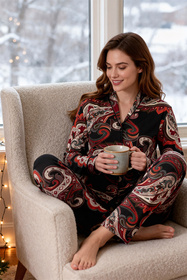 Vivisence 2063 piżama koszulowa z dekoracyjnym wzorem czarno-czerwony