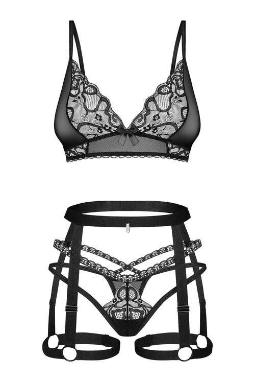 Komplet biustonosz + stringi + pas do pończoch Obsessive Blomentis 3-pcs set czarny