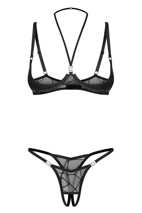 Obsessive Olianna 2-pcs crotchless komplet biustonosz otwarty i stringi black