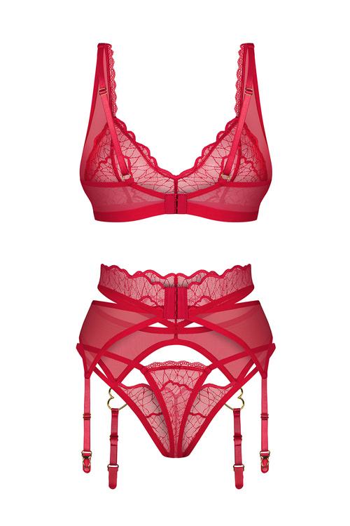 Komplet biustonosz + stringi + pas do pończoch Obsessive Cupide Desir 3-pcs set red