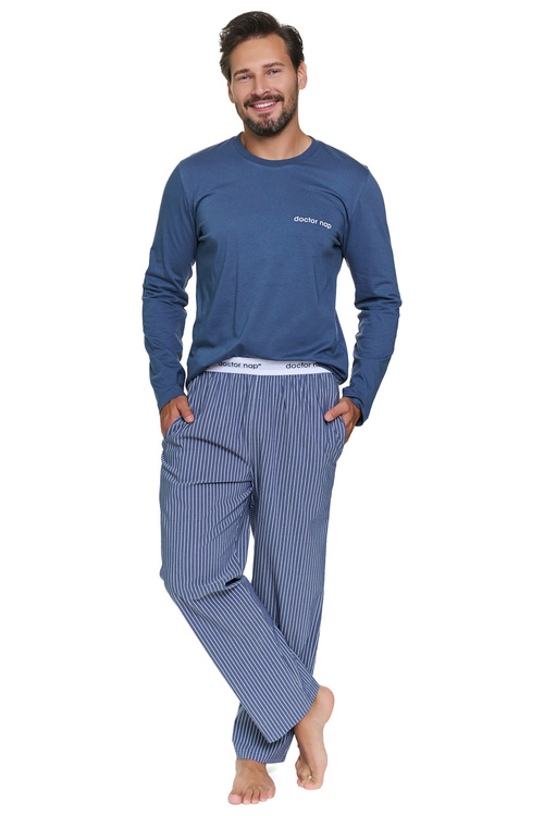 Doctor Nap PMB.7522 Piżama męska bawełniana długi rękaw, denim blue