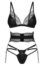 Komplet biustonosz + stringi + pas do pończoch Obsessive Lobellis 3-pcs set czarny 