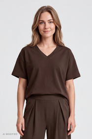 Vivisence 9013 Koszulka damska wiskozowa z dekoltem w serek na co dzień, brązowy
