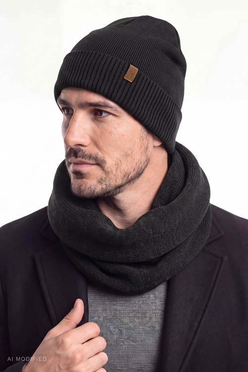 Vivisence M7013 KMPL komplet czapka i komin z wełny merino, czarny