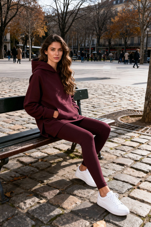 Vivisence 9207kmpl komplet bluza z kapturem, prążkowane legginsy bordowy