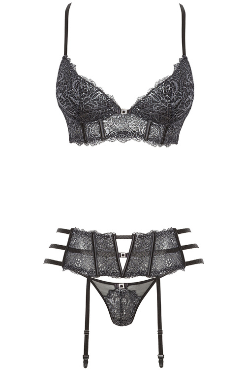 Komplet biustonosz + stringi + pas do pończoch Beauty Night Ileen set BN6536 black