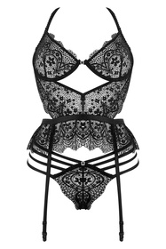 Komplet biustonosz + stringi + pas do pończoch Beauty Night Lace Temptation BN6746 black