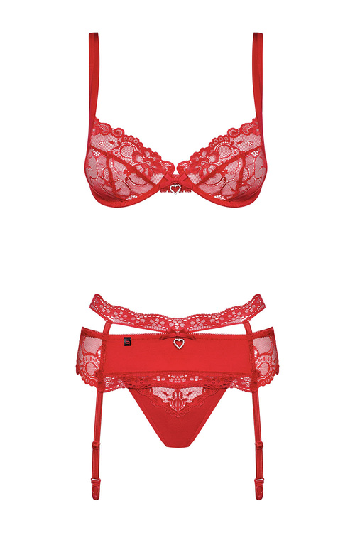 Obsessive Heartina set Nocna komplet biustonosz + stringi + pas do pończoch, czerwony