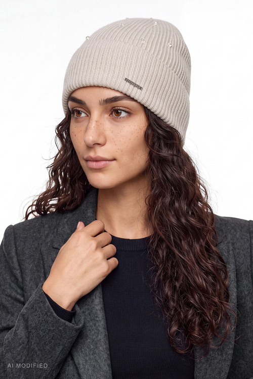 Vivisence 70133 czapka prążkowana z wełną merino i kaszmirem, beżowy
