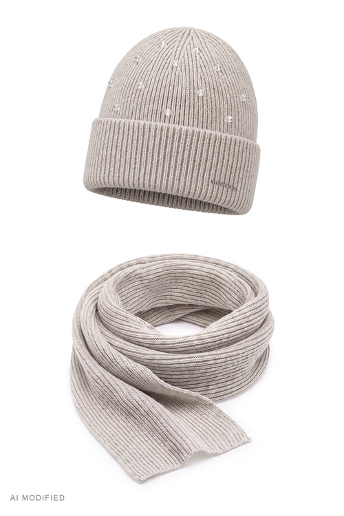 Vivisence 70133 KMPL komplet czapka i szalik wełna merino, beżowy