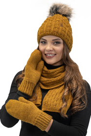 Komplet czapka+szalik+rękawiczki Vivisence 7015 Kmpl+R ciemny żółty