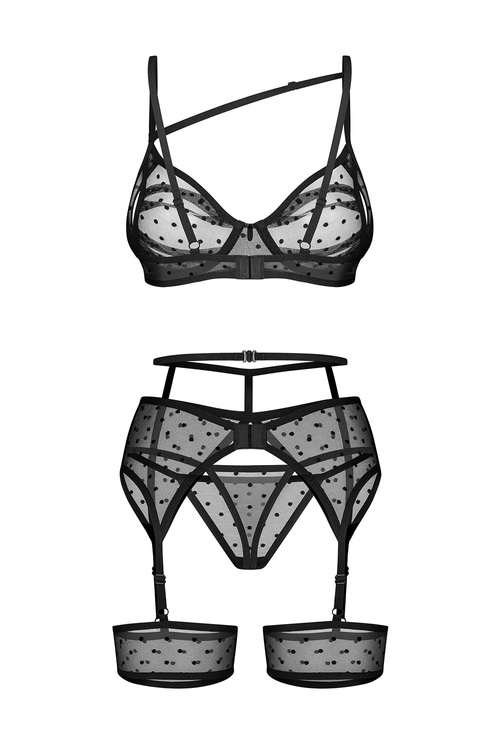Komplet biustonosz + stringi + pas do pończoch Obsessive Nuites 3-pcs set black
